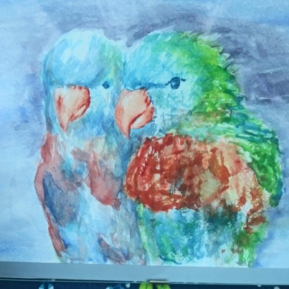 Parrots Original Watercolor Painting Wall Art Love Birds Handmade Artisan - Picture 9 of 10